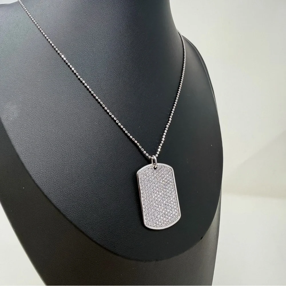 925 Sterling Silver CZ Dog Tag Necklace Made in Turkey Ball Chain Unisex Pendant